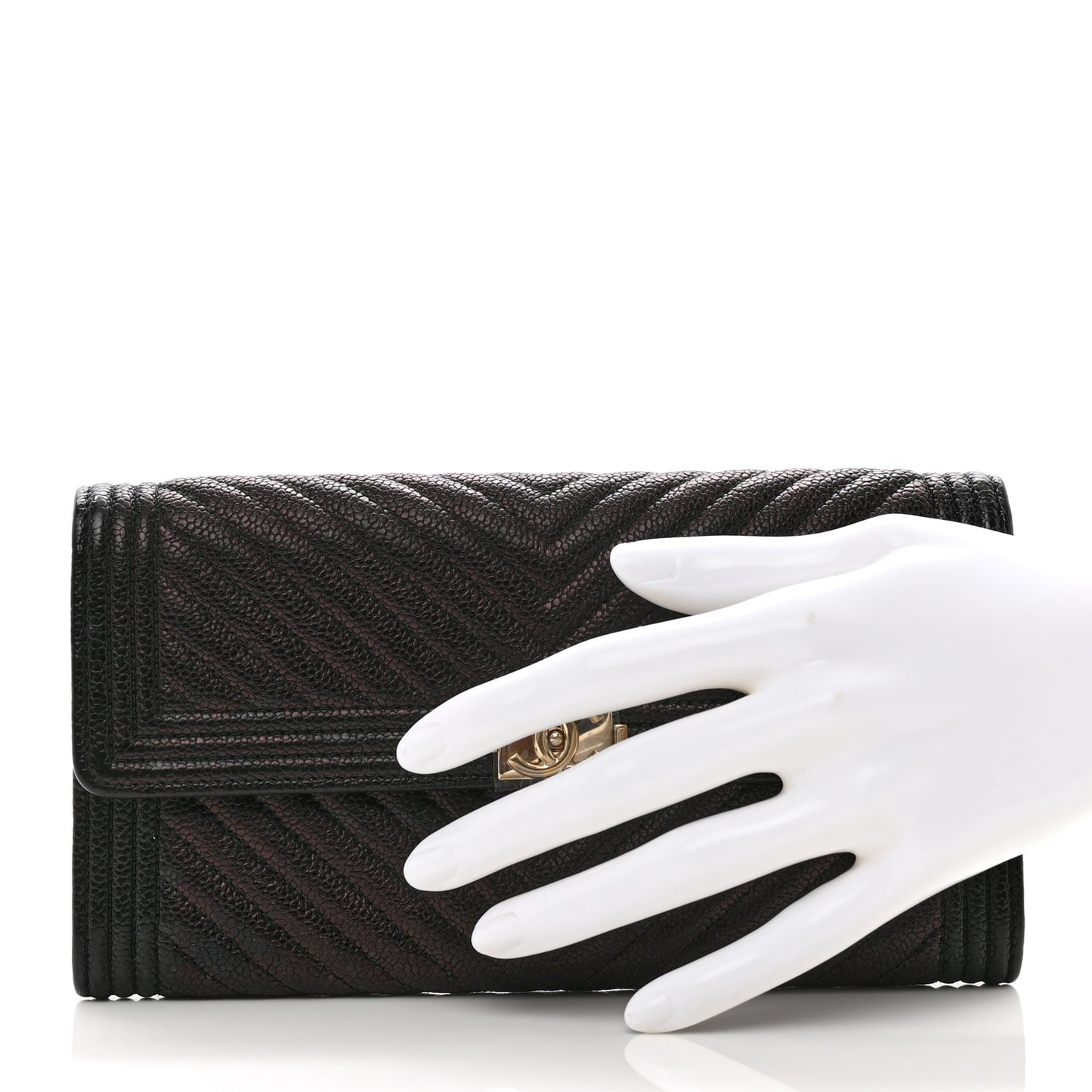 Caviar Chevron Quilted Boy Flap Wallet Black