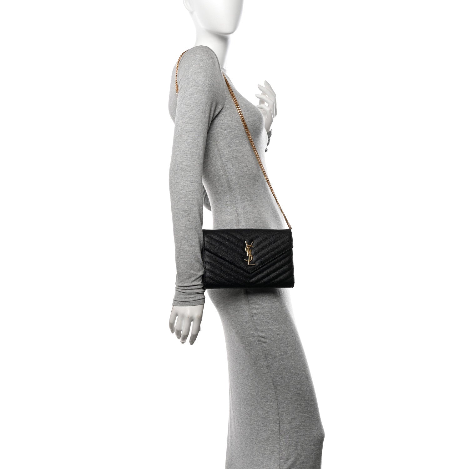 Saint Laurent Grain De Poudre Matelasse Chevron Monogram Chain Wallet Black 2 of 15