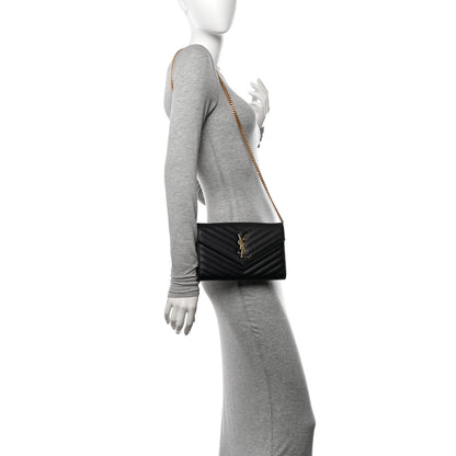 Saint Laurent Grain De Poudre Matelasse Chevron Monogram Chain Wallet Black 2 of 15