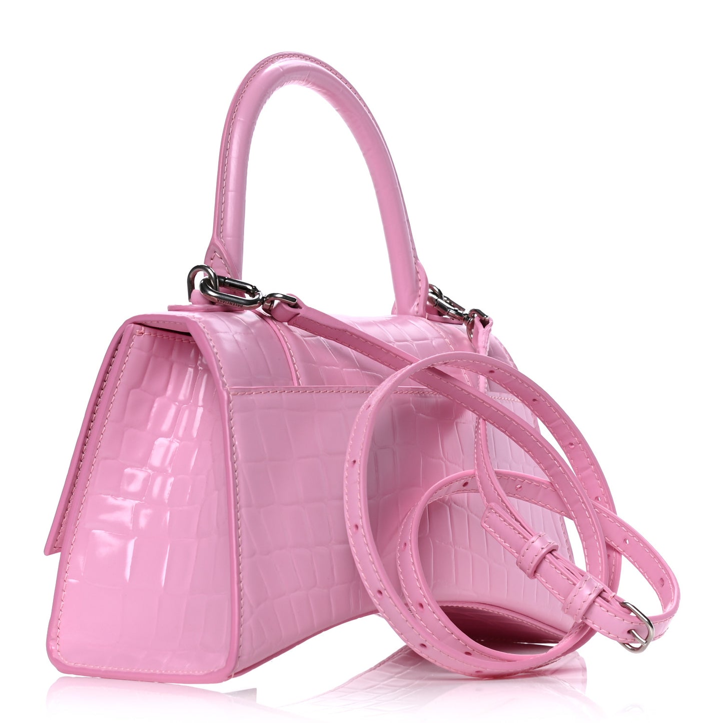 Semi Shiny Calfskin Crocodile Embossed Small Hourglass Top Handle Bag Pink