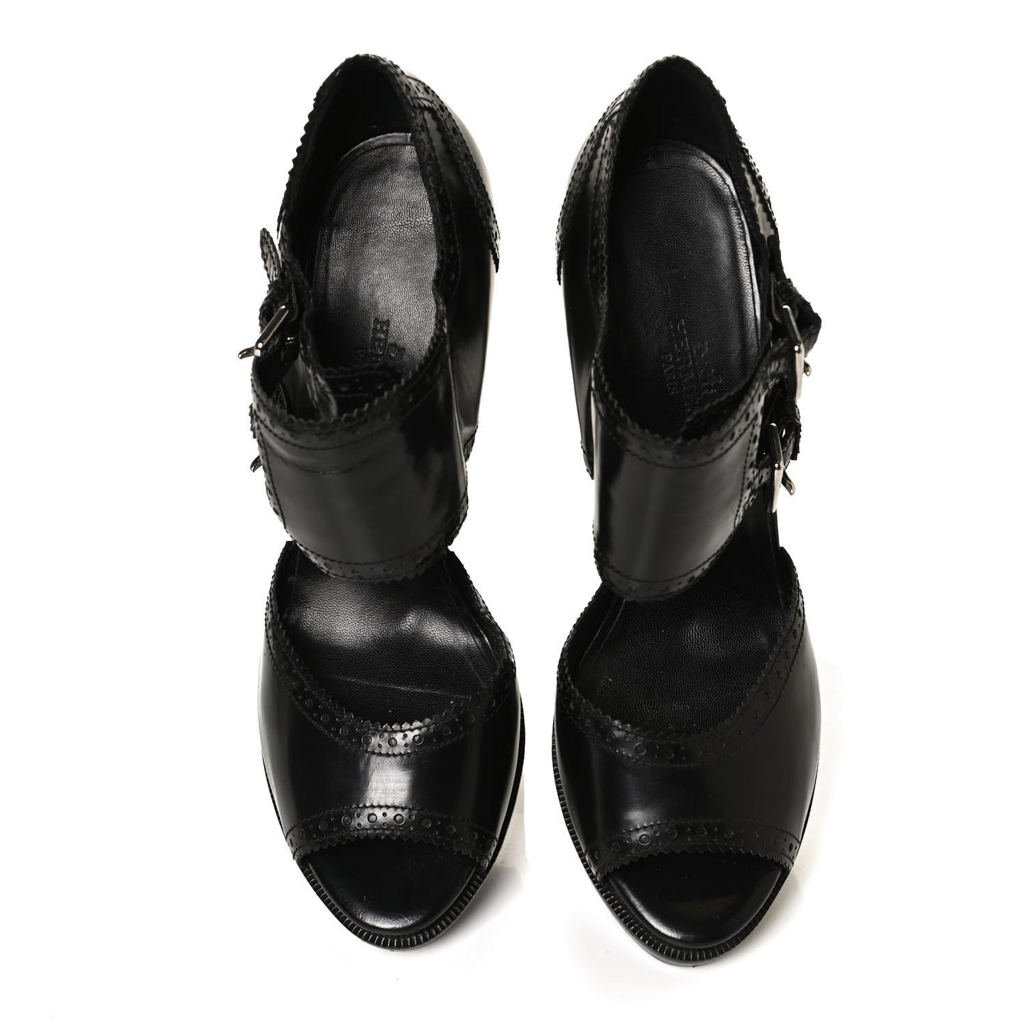 Glazed Calfskin Brogue Open Toe Pumps 39.5 Black