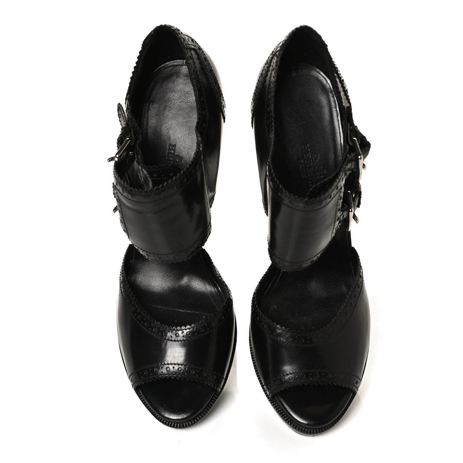 Hermes Glazed Calfskin Brogue Open Toe Pumps 39.5 Black 5 of 9