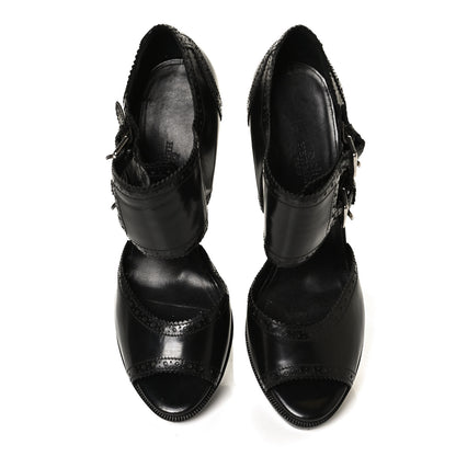 Hermes Glazed Calfskin Brogue Open Toe Pumps 39.5 Black 5 of 9