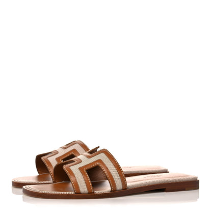 Hermes Calfskin Canvas Oran Sandals 36.5 Noisette Beige Dore 3 of 11