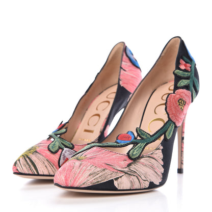 Gucci Canvas Flora Print Ophelia High Heel Pumps 38 Black Pink 3 of 9