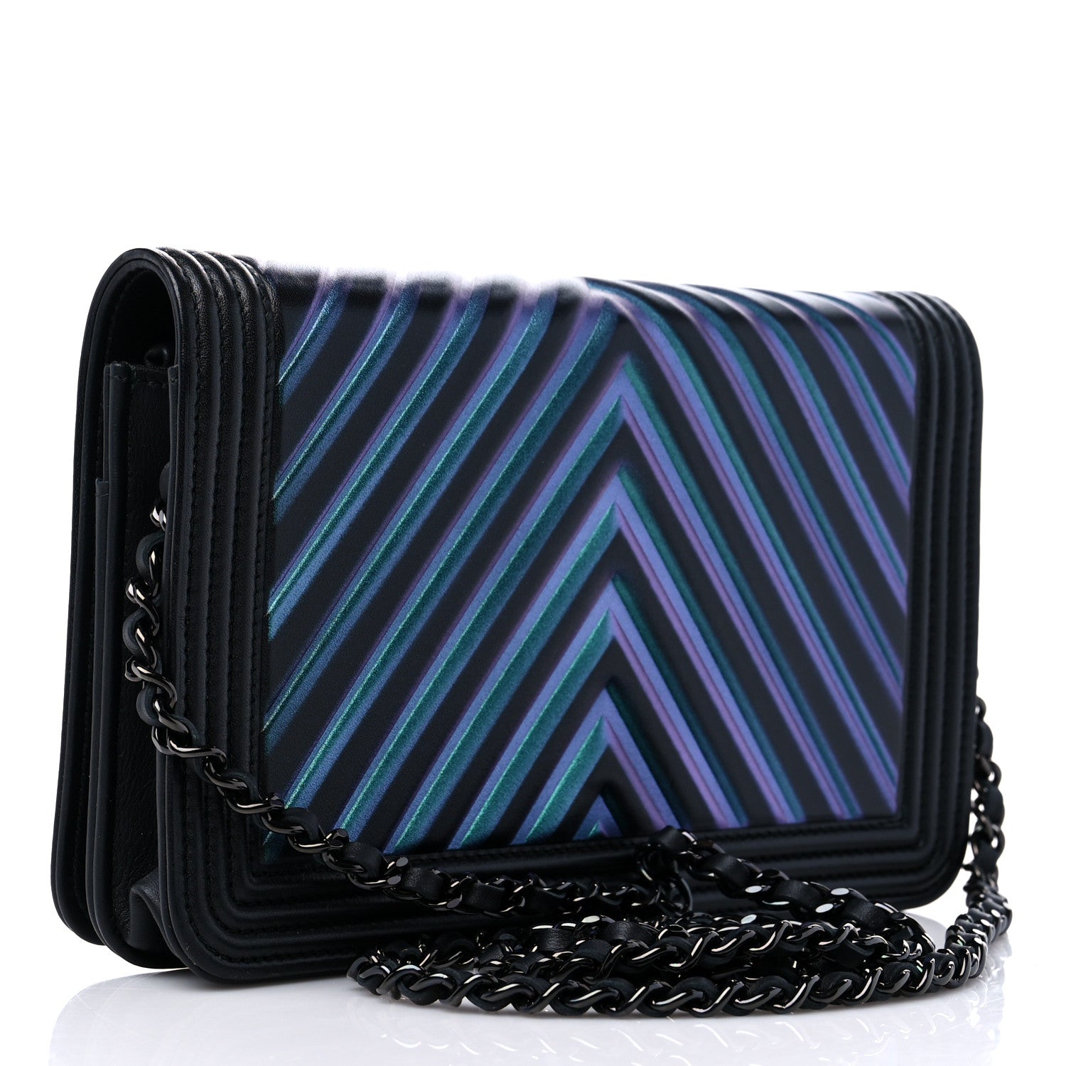 Chanel Calfskin Painted Chevron Embossed Boy Wallet On Chain WOC Black 3 of 12