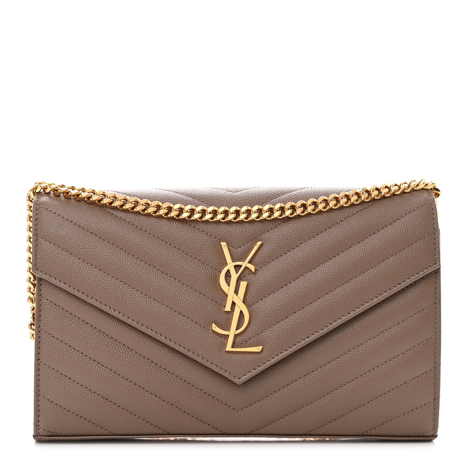 Saint Laurent Grain De Poudre Matelasse Chevron Monogram Chain Wallet Taupe 1 of 14