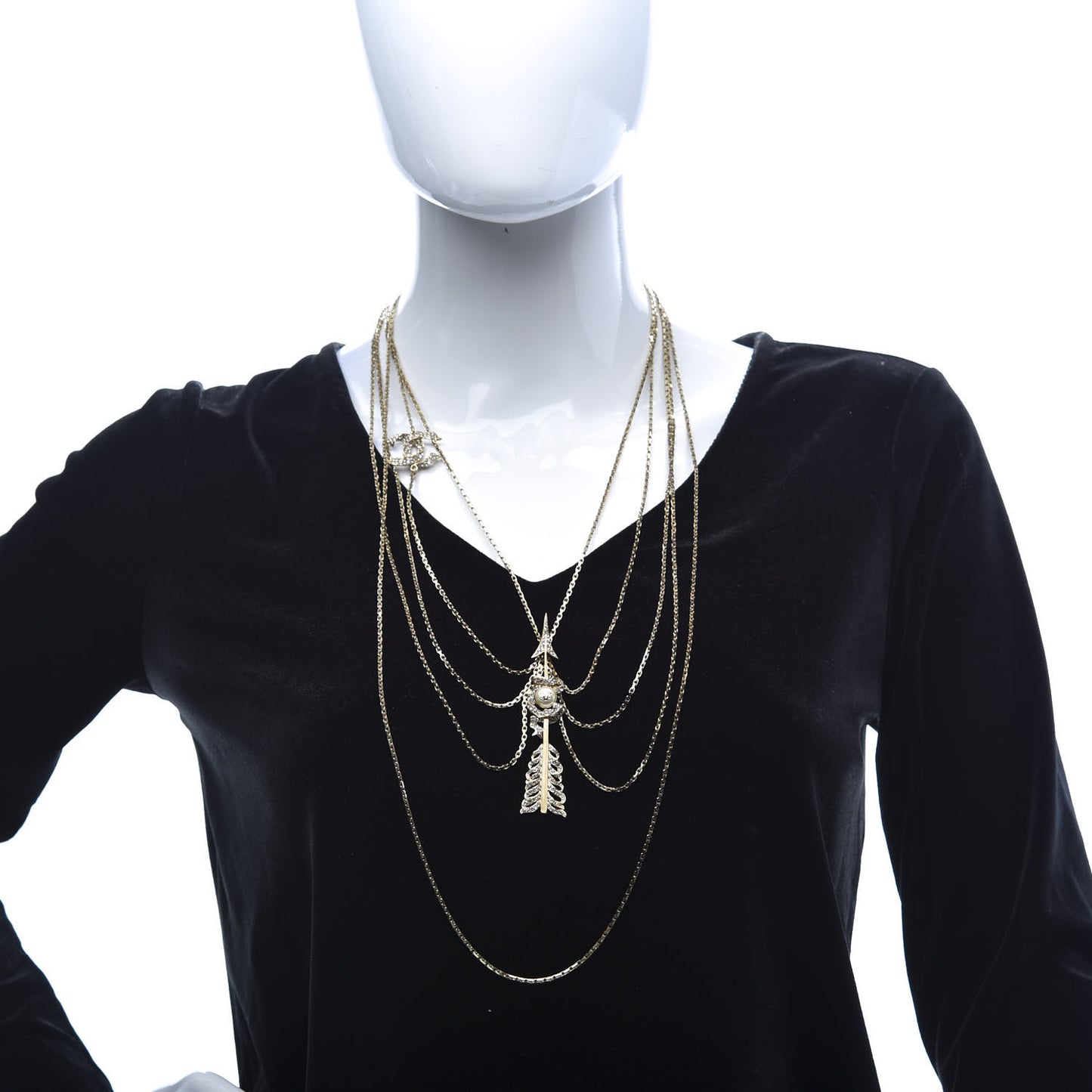Crystal Pearl Multi Strand Chain CC Arrow Necklace Gold