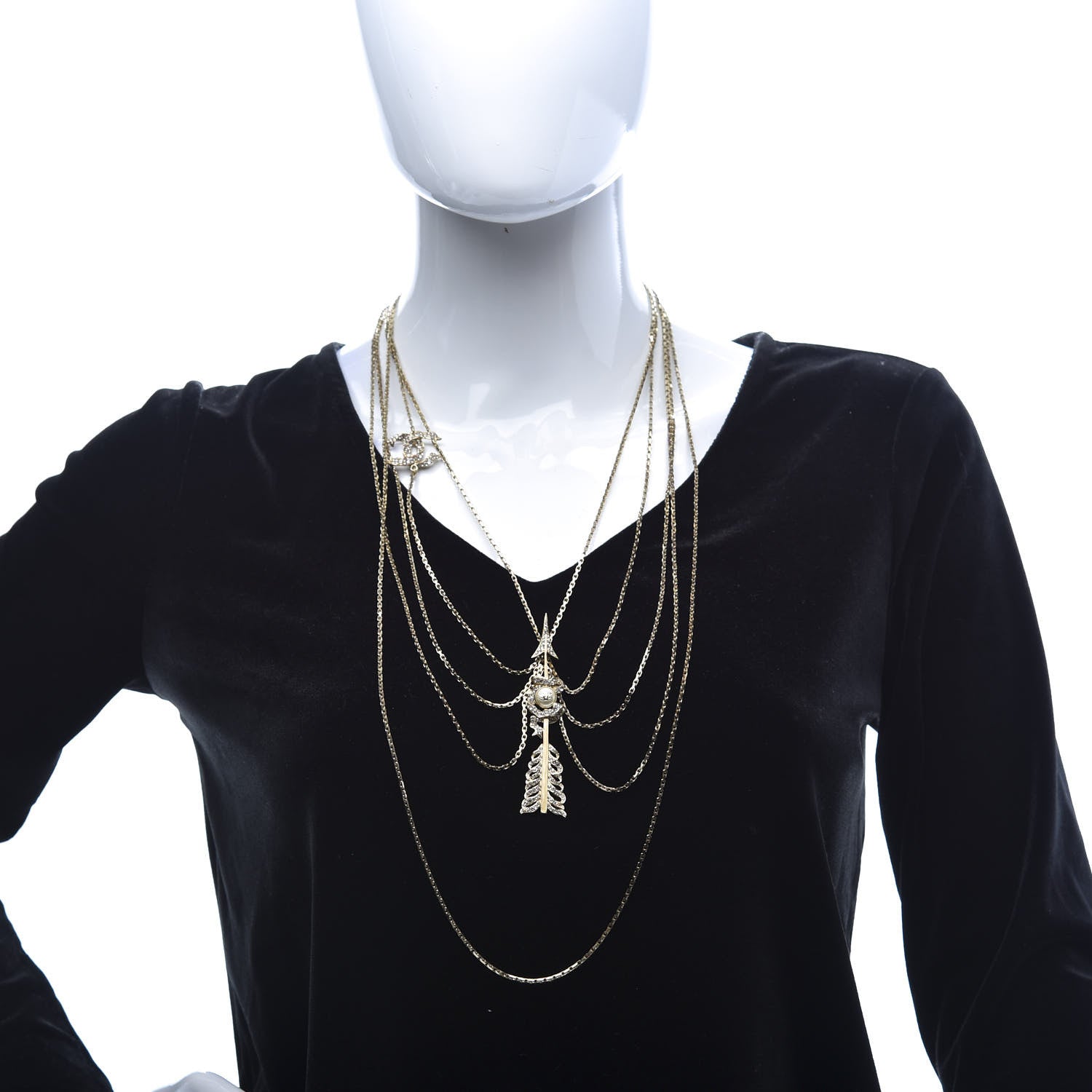 Chanel Crystal Pearl Multi Strand Chain CC Arrow Necklace Gold 2 of 5