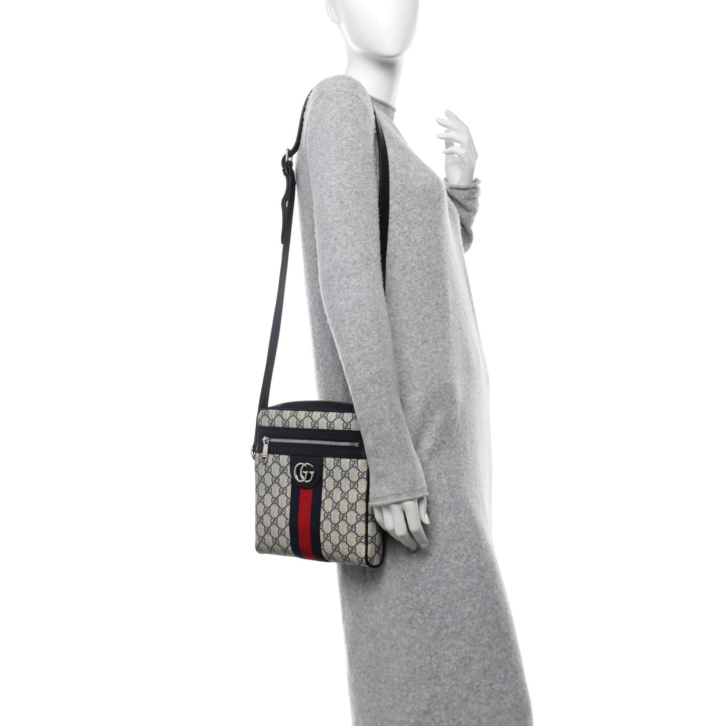 GG Supreme Monogram Textured Dollar Calfskin Web Small Ophidia Messenger Bag Beige Blue