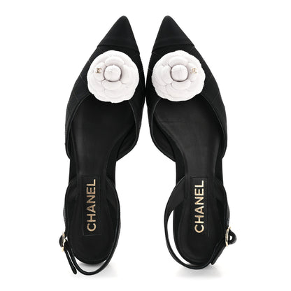 Chanel Grosgrain Camellia Slingback Flats 39.5 Black White 4 of 36