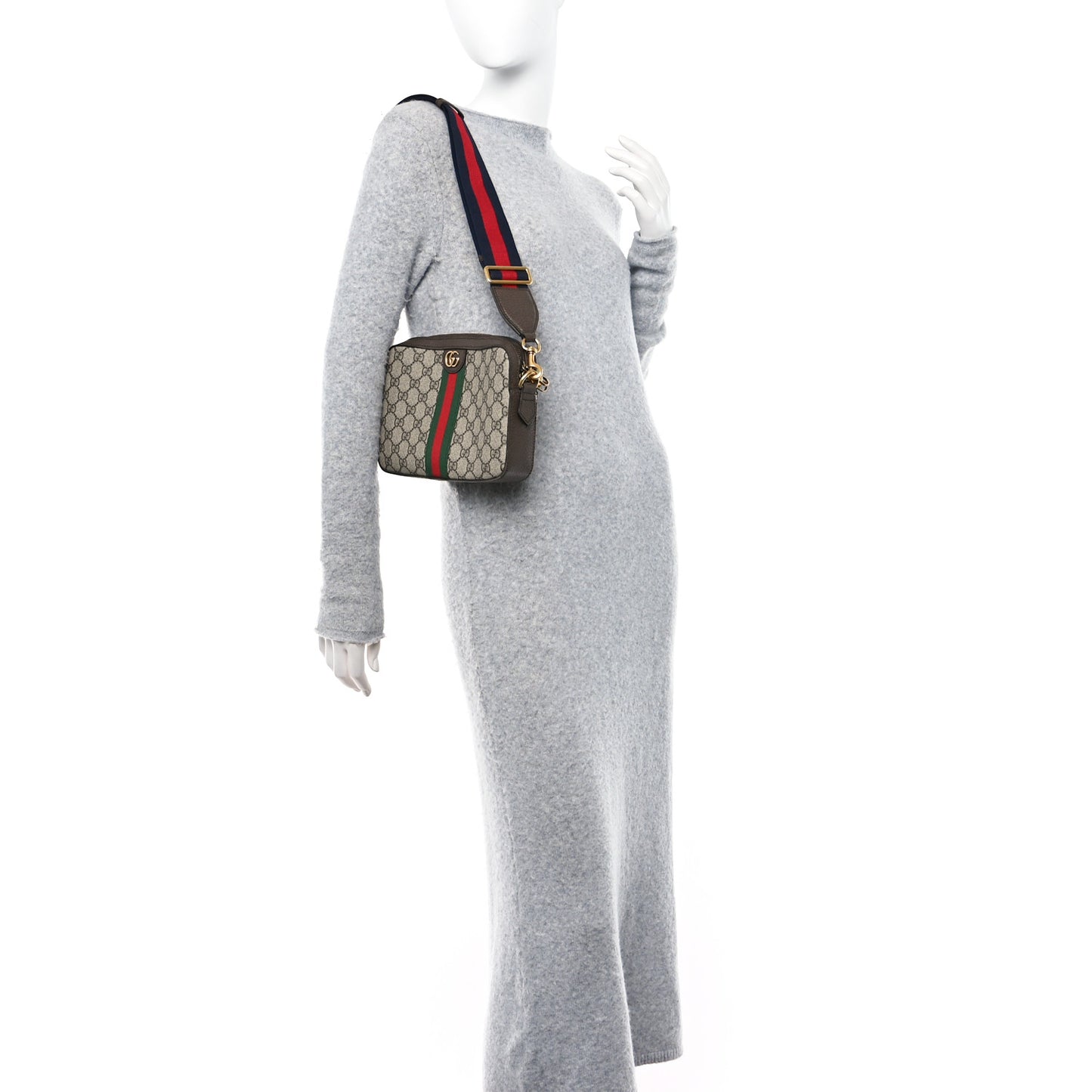 GG Supreme Monogram Textured Dollar Calfskin Web Ophidia Wristlet Shoulder Bag Beige Ebony New Acero
