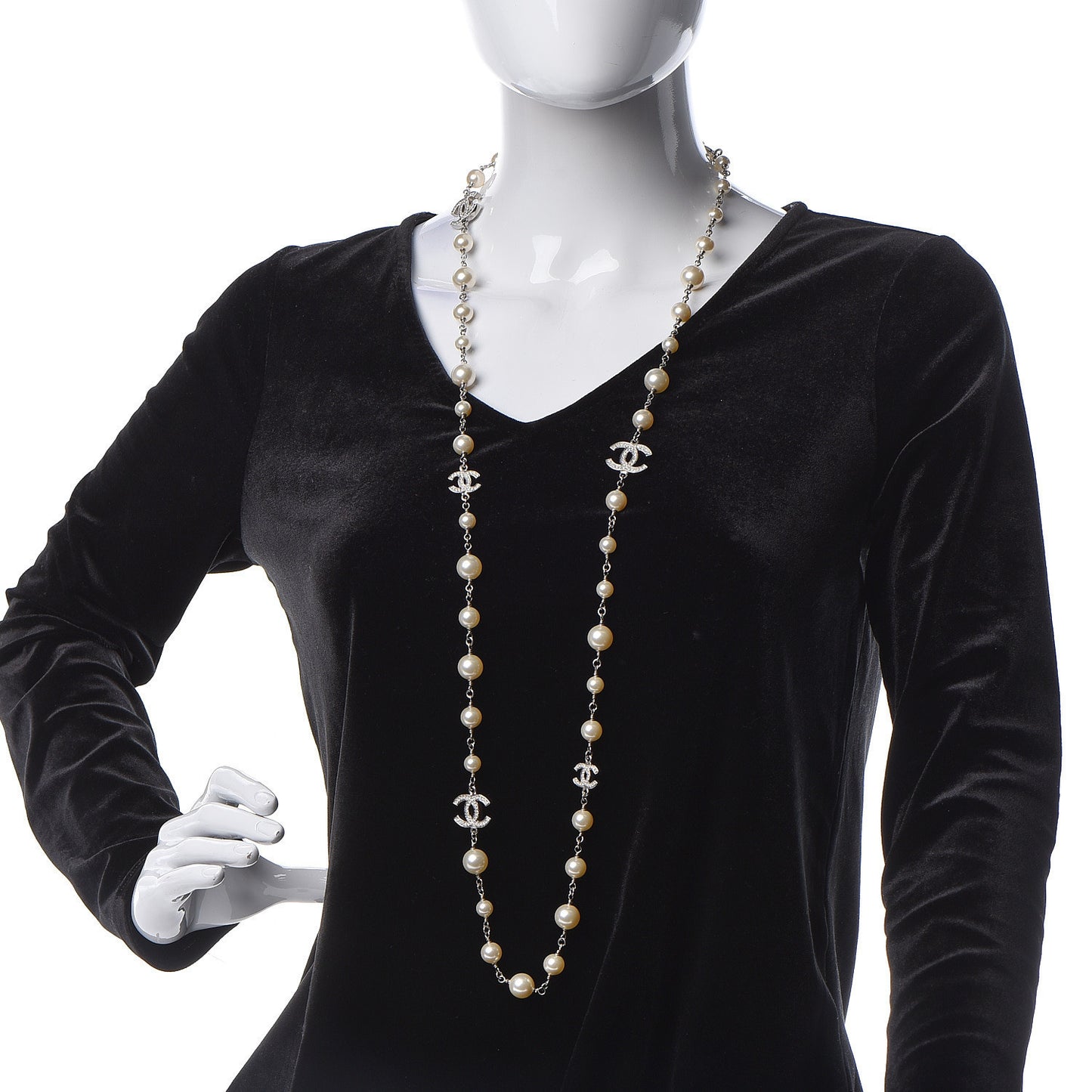 Graduated Pearl Crystal CC Long Necklace Silver