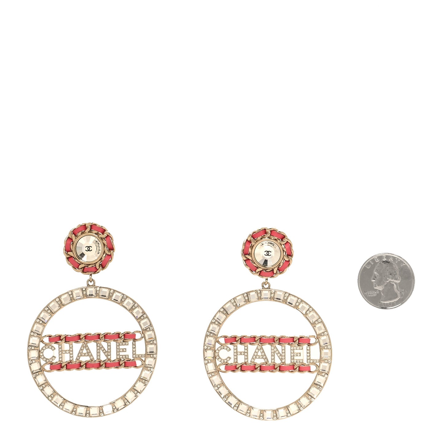 Crystal Lambskin Chain CC Hoop Clip On Earrings Pink Gold