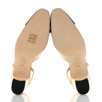 Chanel Goatskin Grosgrain Cap Toe CC Slingback Pumps 36.5 Beige Black 5 of 9