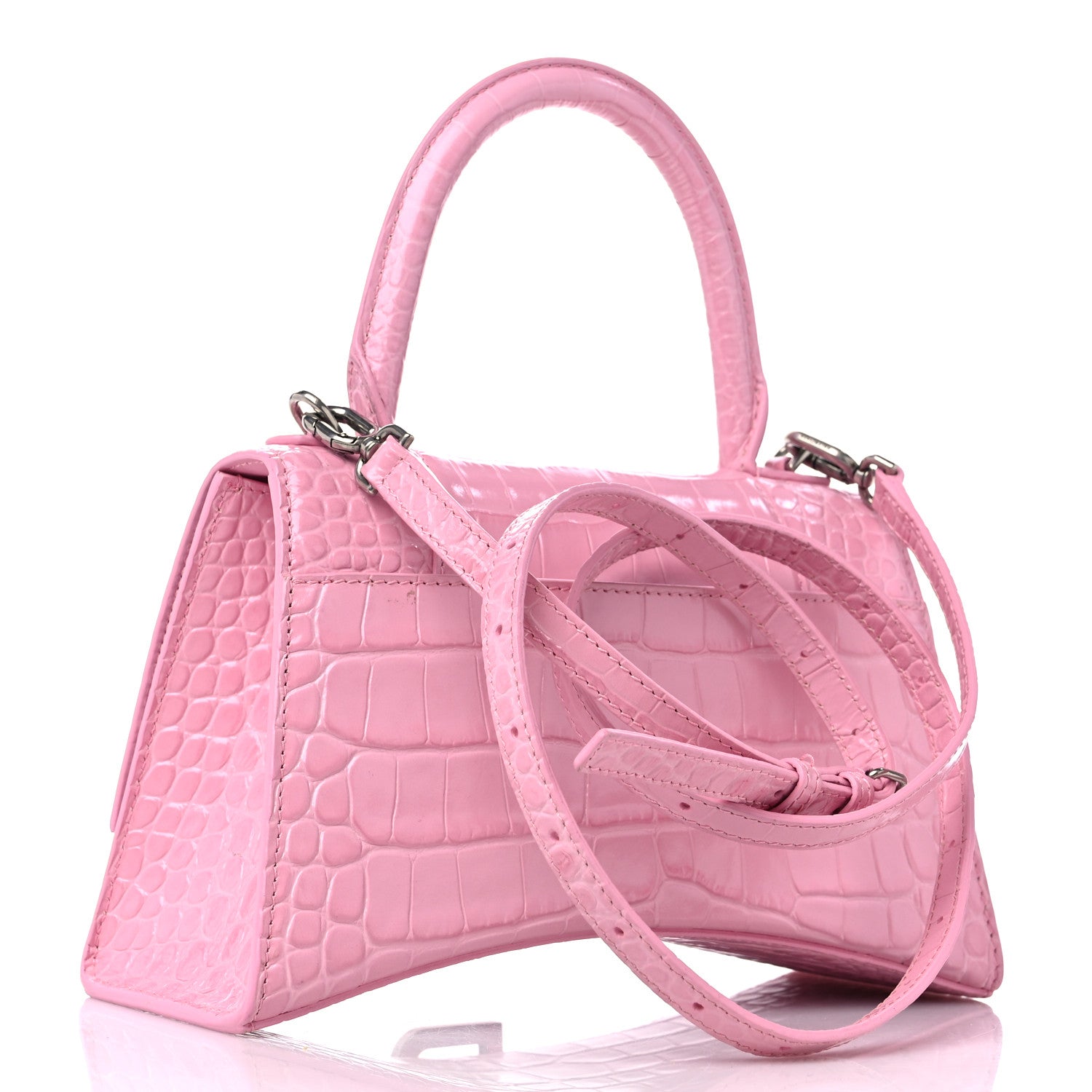 Balenciaga Shiny Calfskin Crocodile Embossed Small Hourglass Top Handle Bag Candy Pink 3 of 10