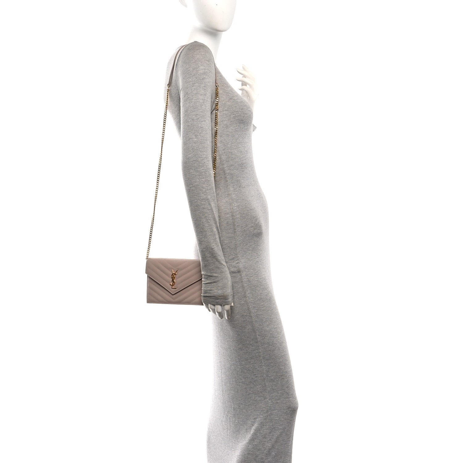 Saint Laurent Grain De Poudre Matelasse Chevron Monogram Envelope Chain Wallet Rose Antic 2 of 11