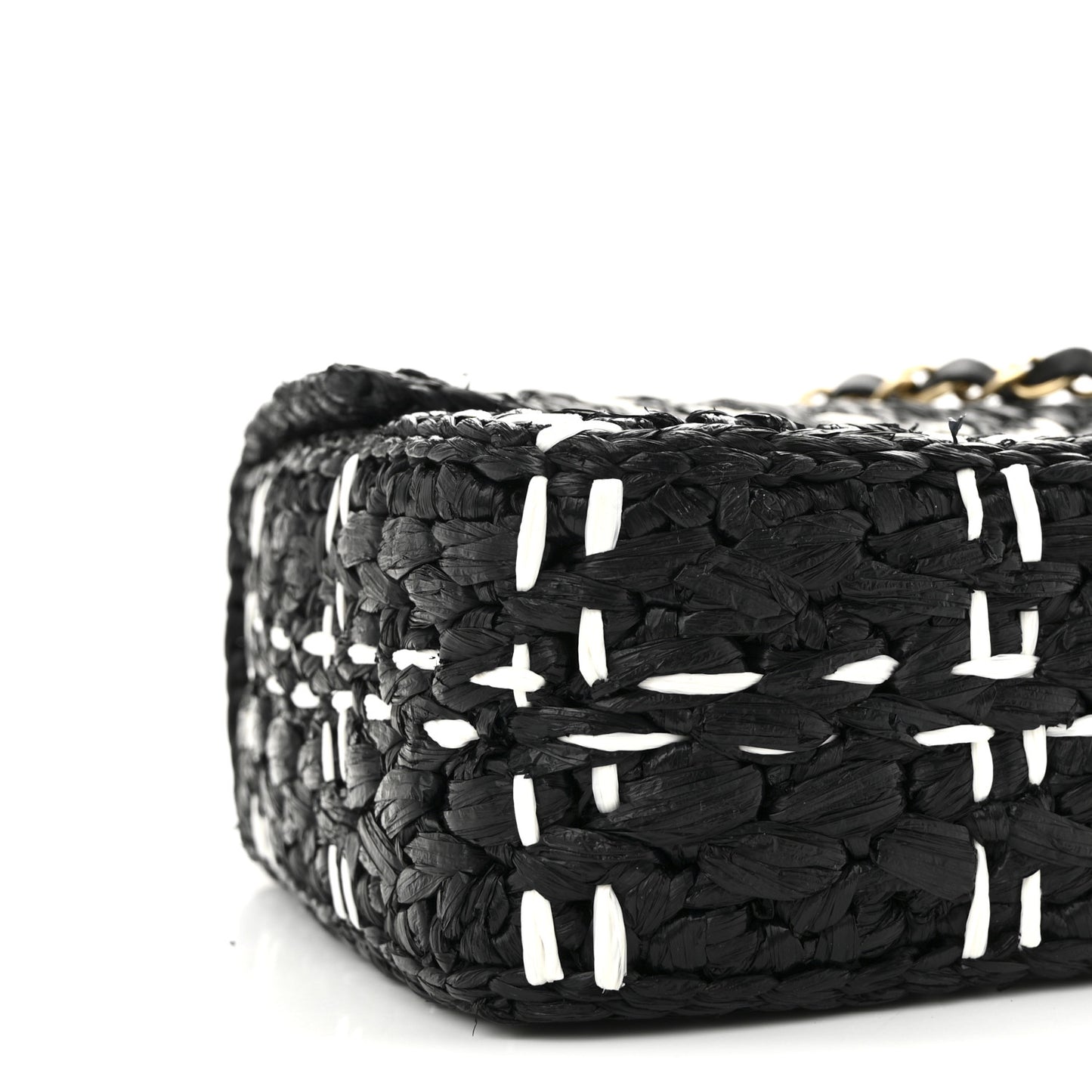 Raffia Effect Medium Tweedy Flap Bag Black White