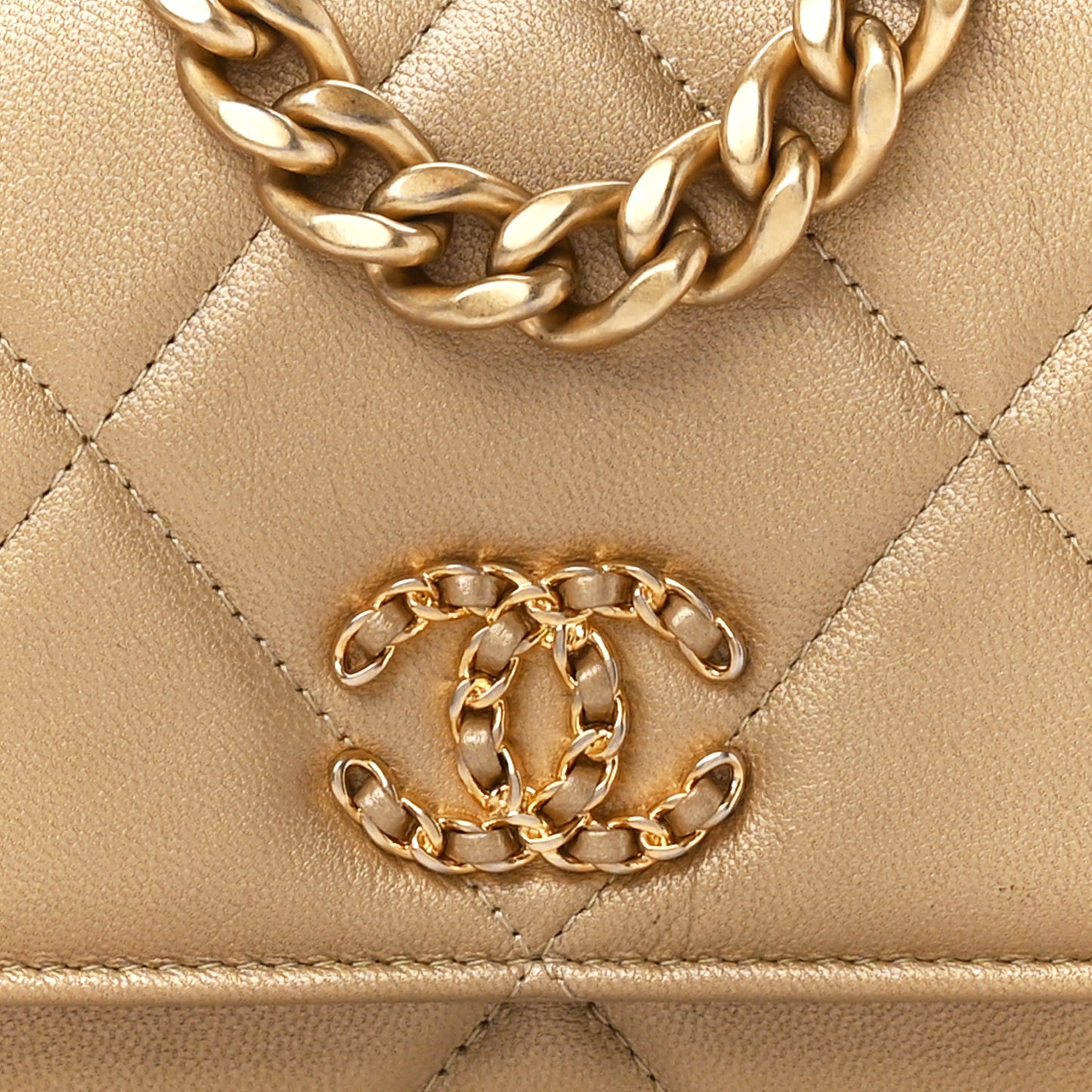 Metallic Goatskin Quilted Chanel 19 Wallet On Chain WOC Gold