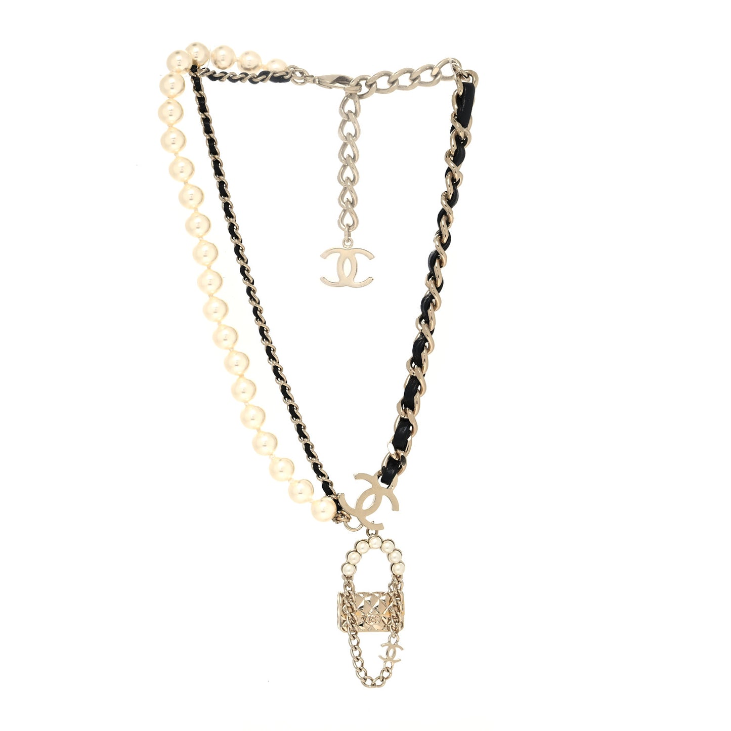 Lambskin Pearl Quilted Flap Necklace Gold Black Pearly White