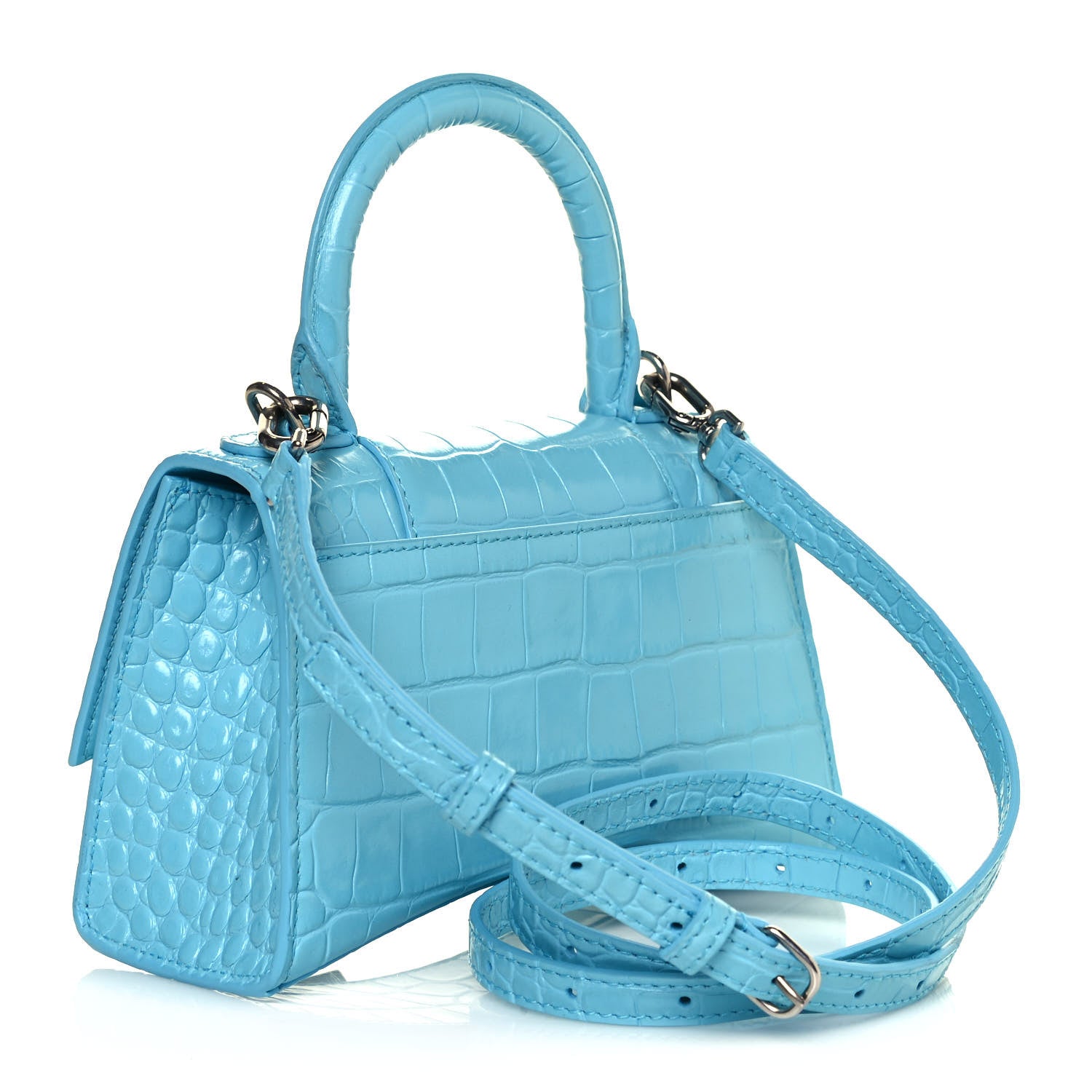 Balenciaga Shiny Calfskin Crocodile Embossed Hourglass Top Handle Bag XS Azur 3 of 9