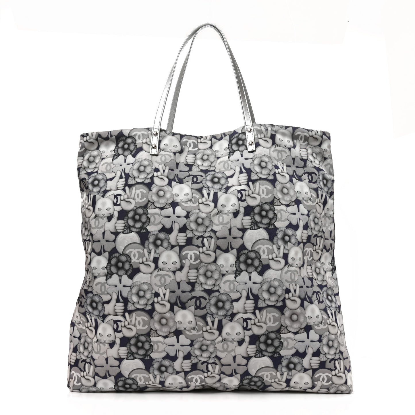 Nylon Cat Emoticon Tote Navy Silver