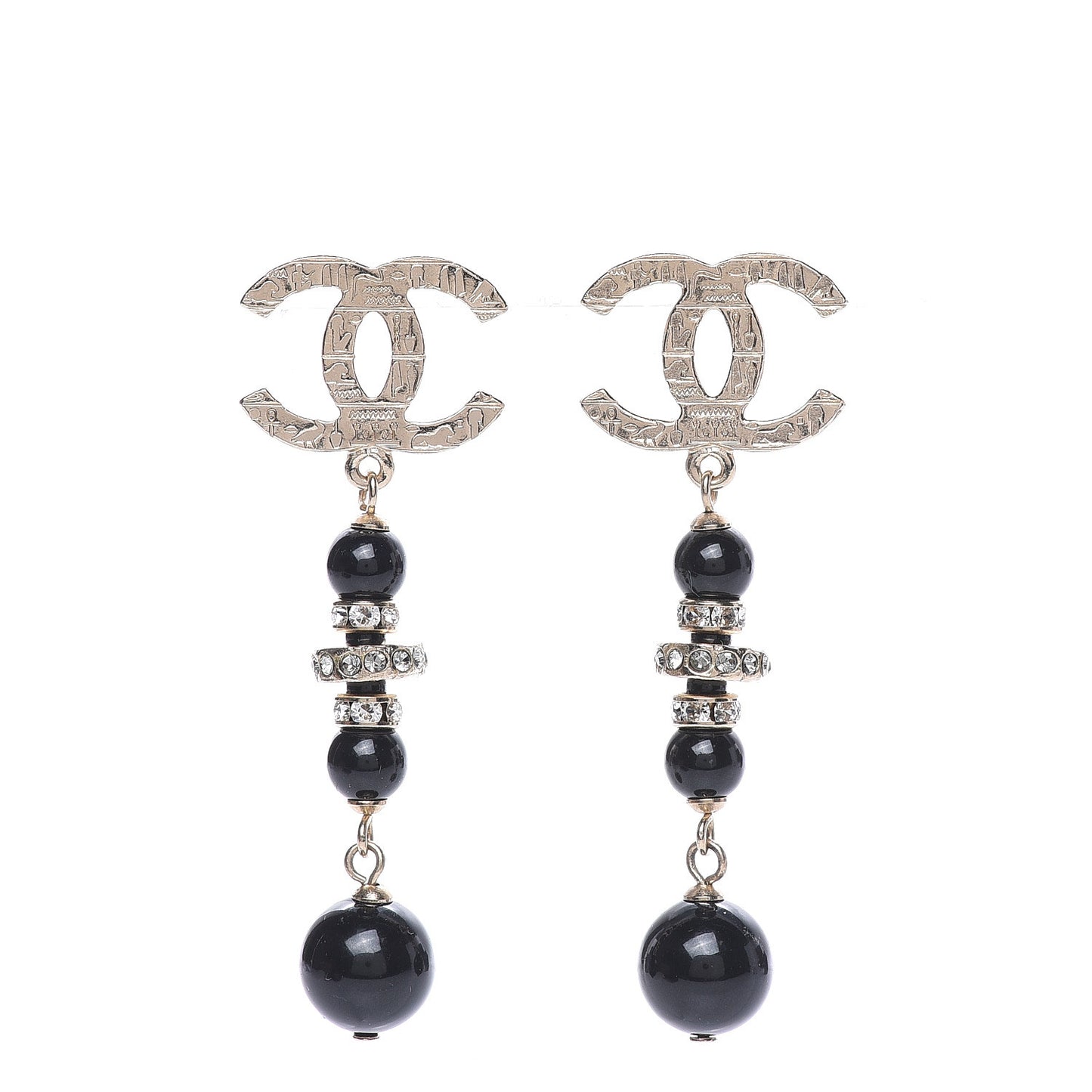 Crystal Bead Scarab CC Drop Earrings Gold Black
