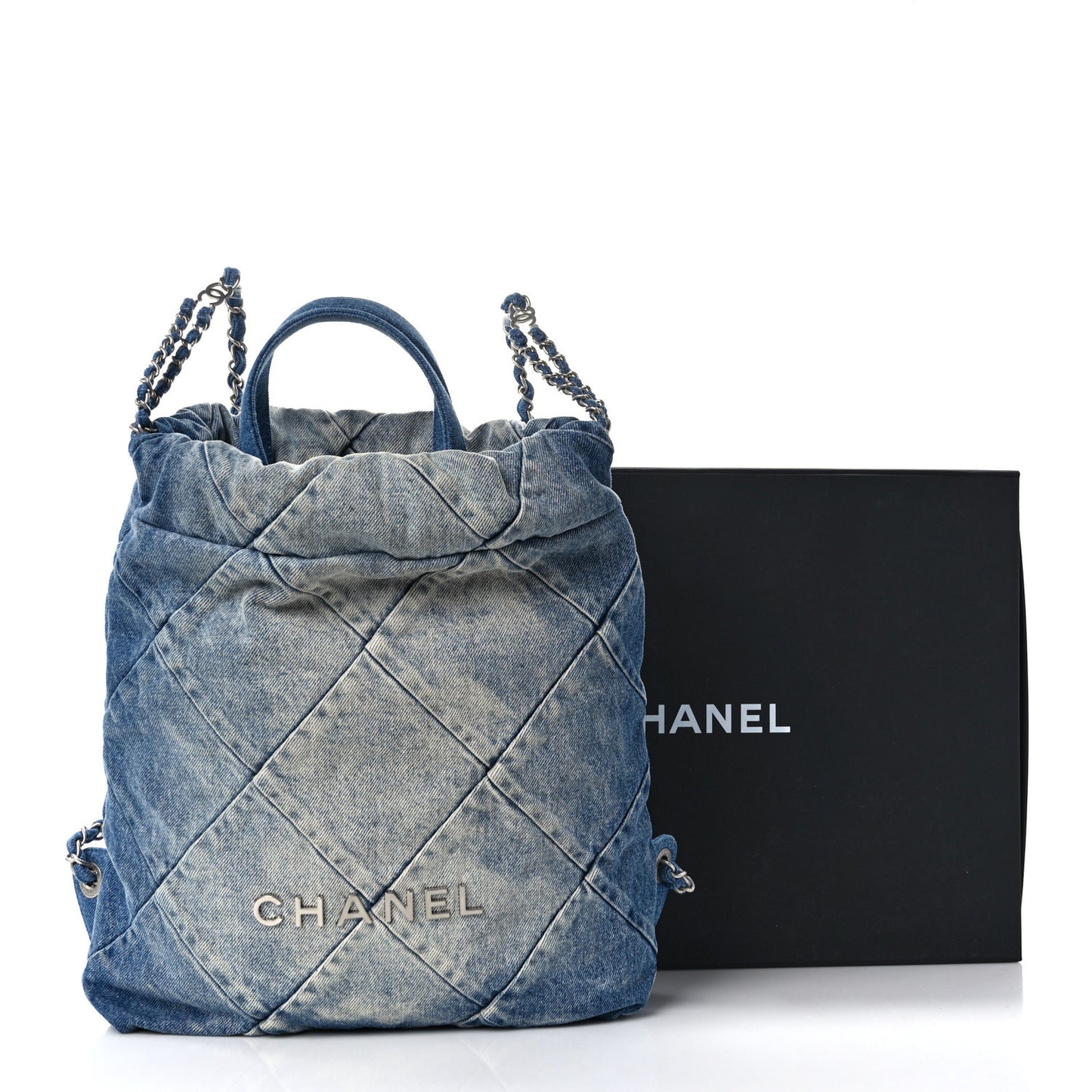 Denim Quilted Chanel 22 Backpack Blue