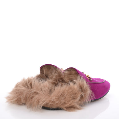 Gucci Velvet Fur Womens Princetown Slippers 38 Fucsia Violet Cyclamen Natural 4 of 7