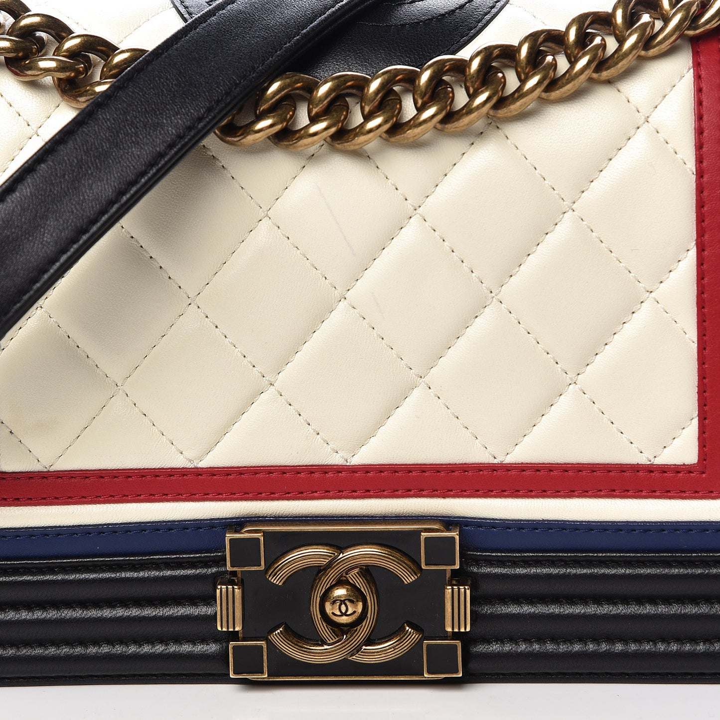 Lambskin Quilted Crest Embellished Medium Boy Flap Black White Blue