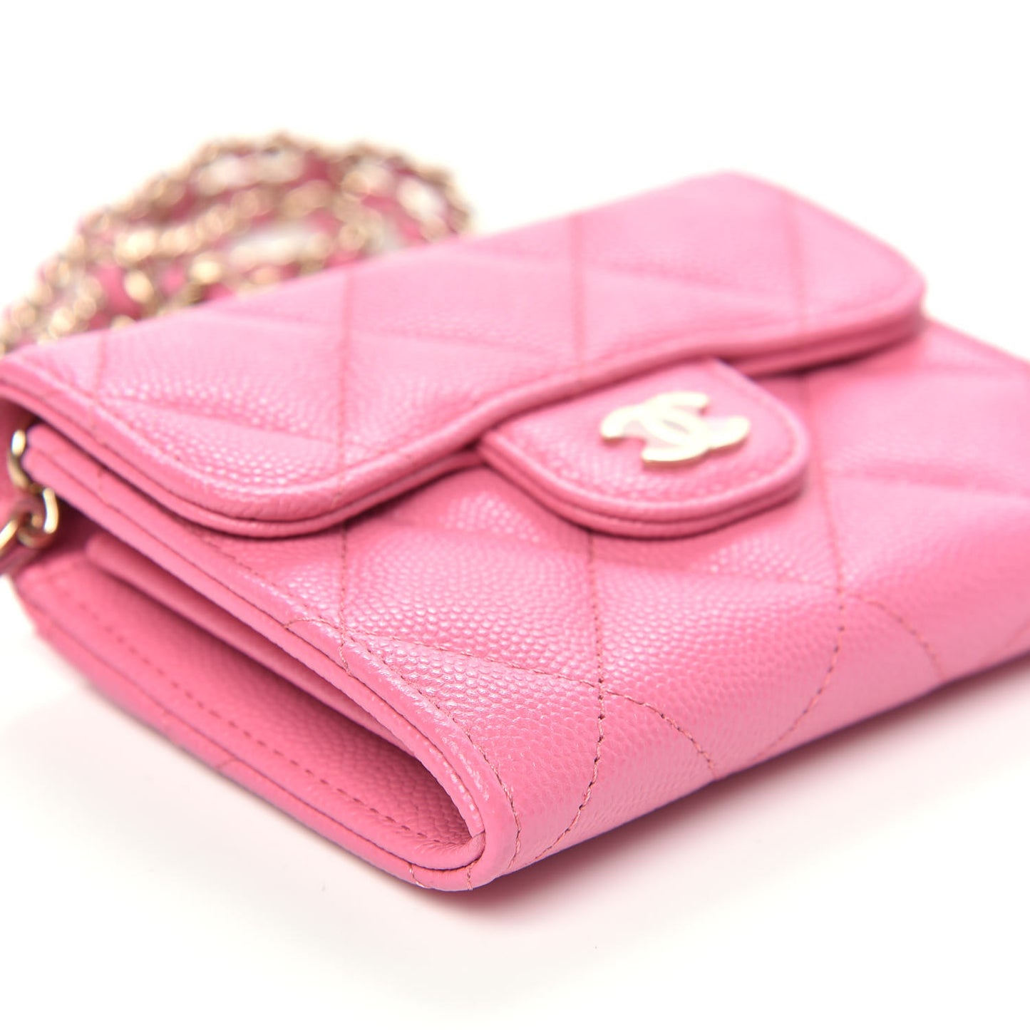 Caviar Quilted Flap Card Holder On Chain Pink