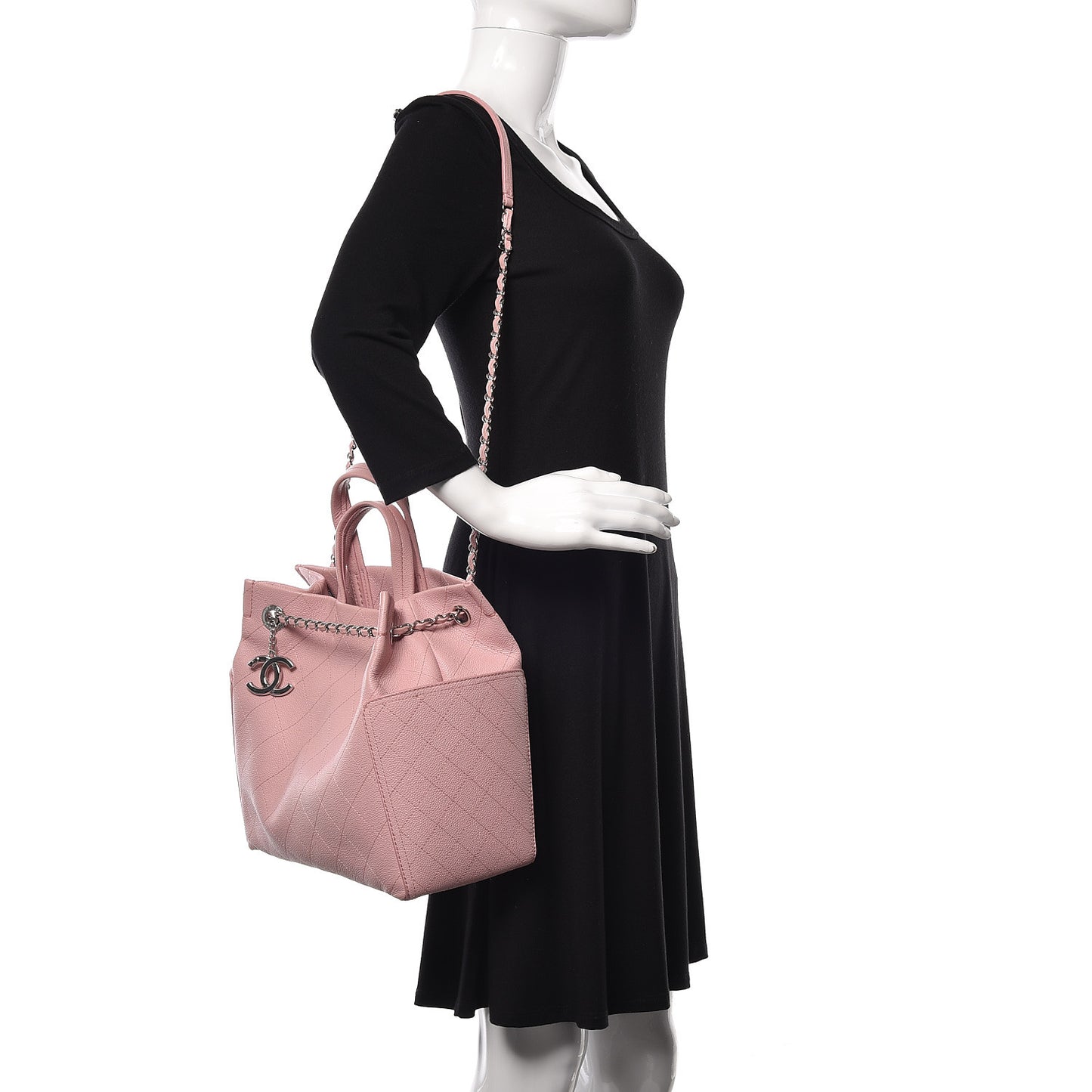 Grained Calfskin Small CC Pocket Tote Pink