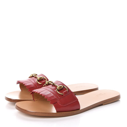 Gucci Malaga Kid Fringe Horsebit Slide Sandals 37.5 Hibiscus Red 3 of 8