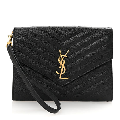Saint Laurent Grain De Poudre Matelasse Chevron Monogram Envelope Clutch Black 1 of 8