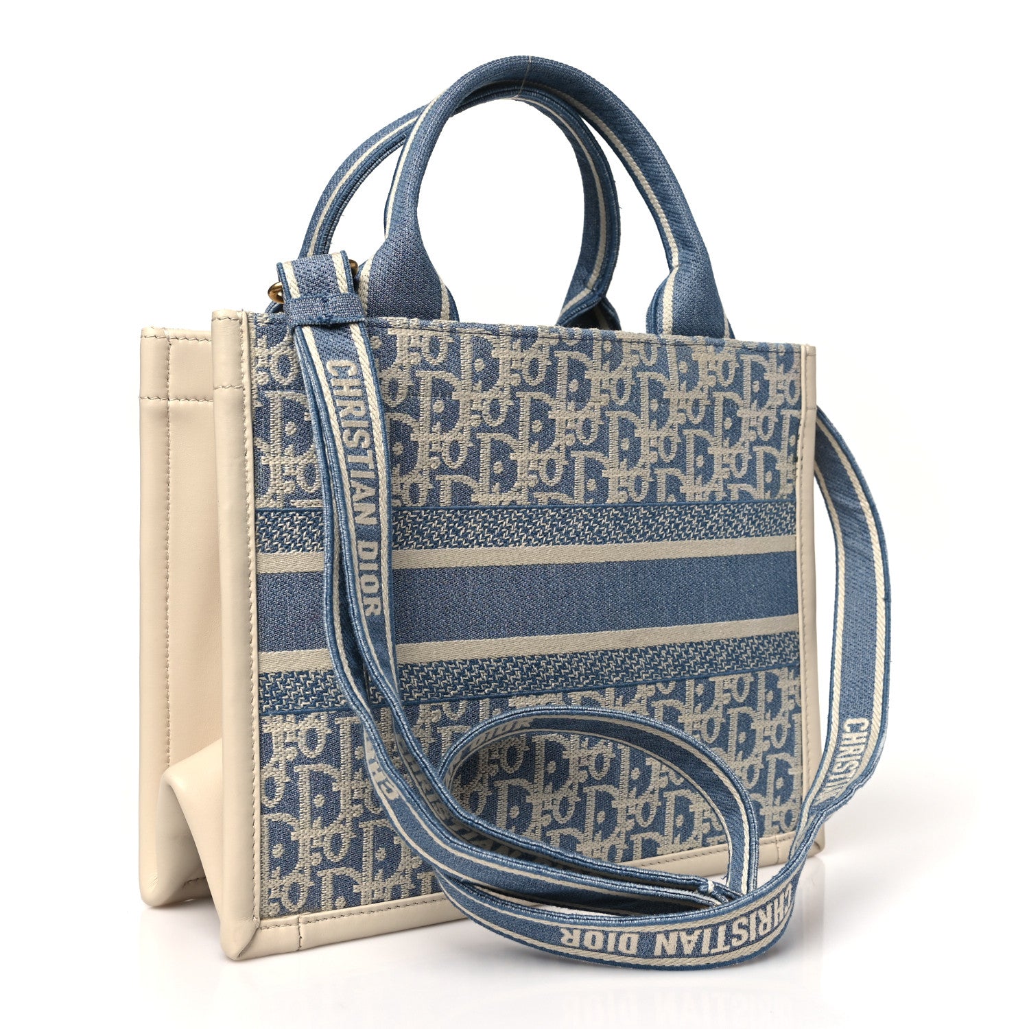 Christian Dior Oblique Chambray Calfskin Small Book Tote With Strap Blue Latte 3 of 10