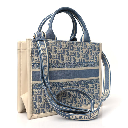 Christian Dior Oblique Chambray Calfskin Small Book Tote With Strap Blue Latte 3 of 10