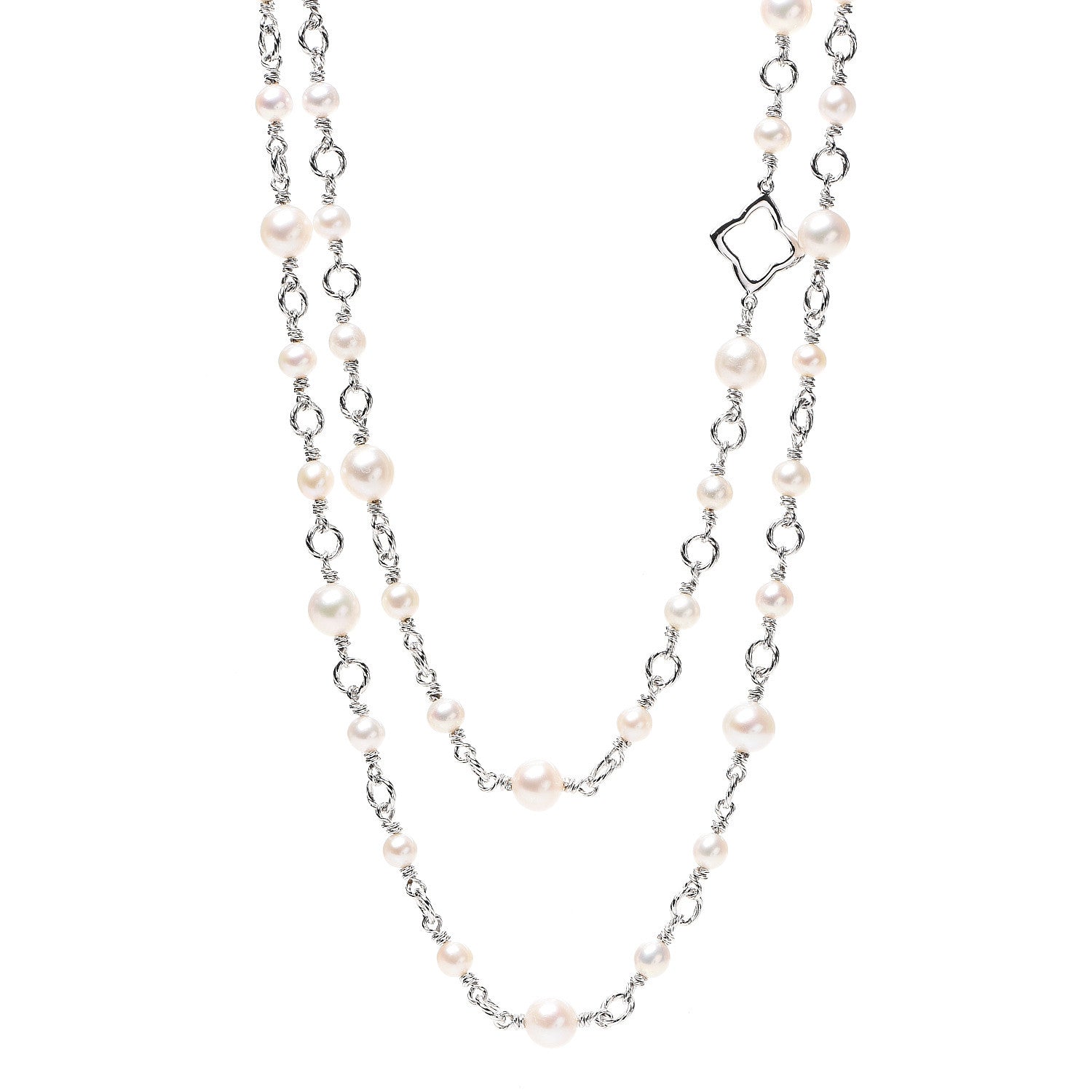 David Yurman Sterling Silver Pearl 9mm Quatrefoil Long Chain Necklace 1 of 4