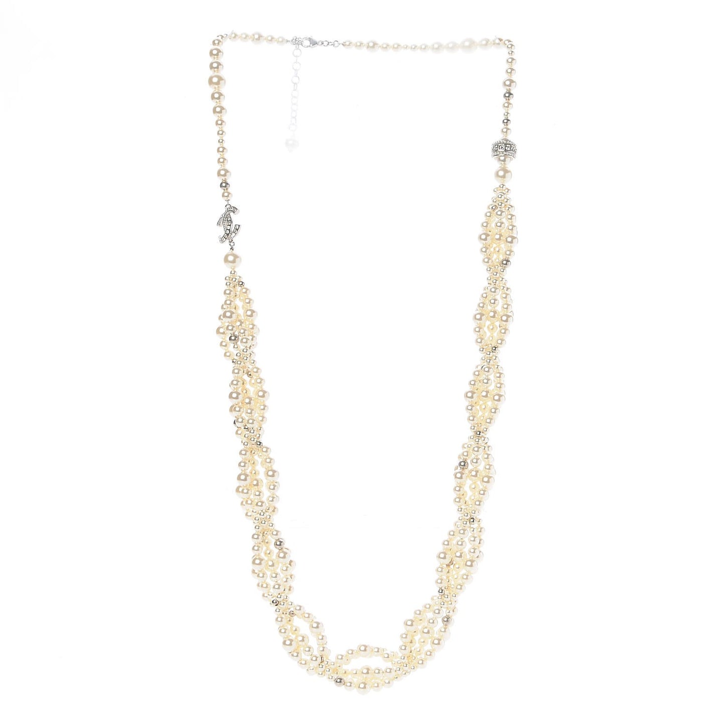 Graduated Pearl Crystal CC Long Necklace Silver