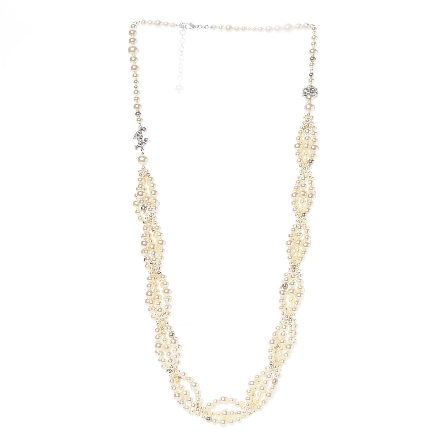 Chanel Graduated Pearl Crystal CC Long Necklace Silver 3 of 8