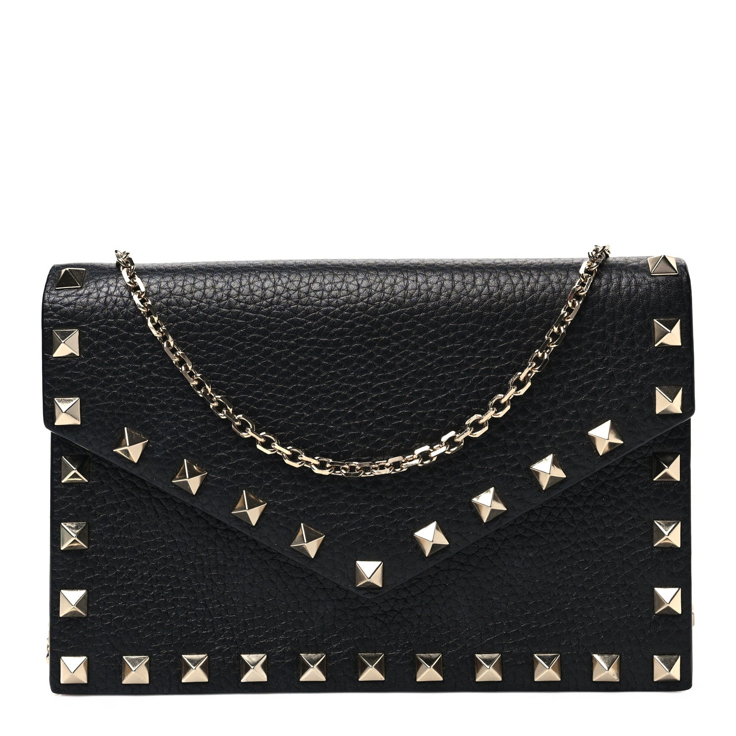 Valentino Garavani Pebbled Calfskin Rockstud Envelope Wallet on Chain Black 1 of 6