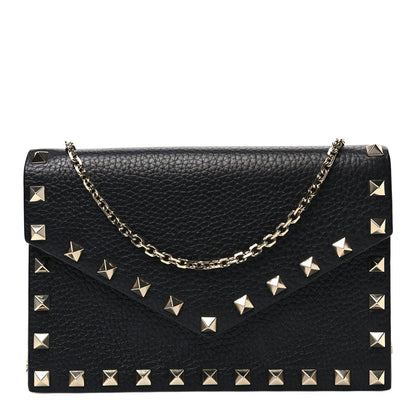 Valentino Garavani Pebbled Calfskin Rockstud Envelope Wallet on Chain Black 1 of 6