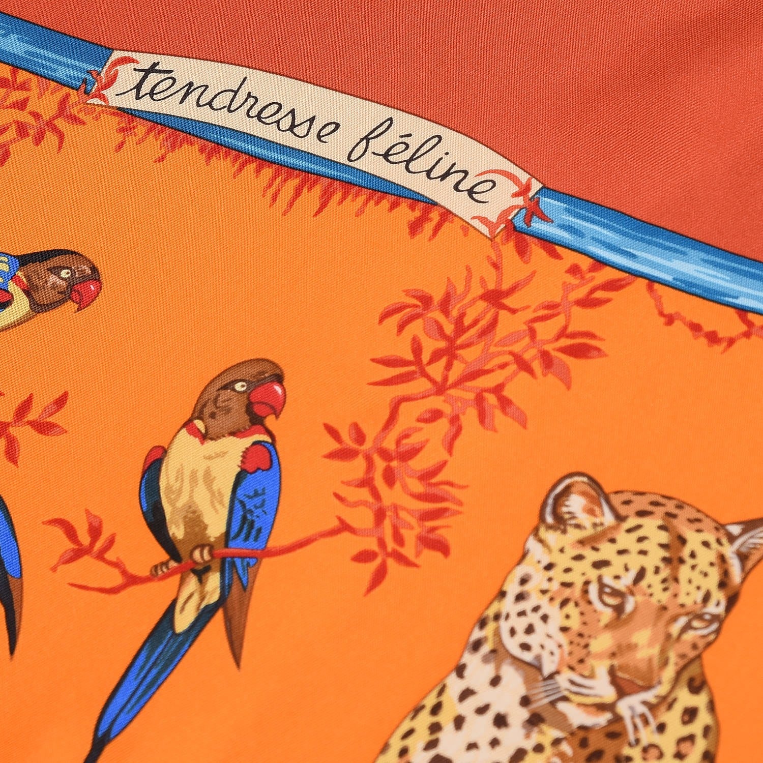 Hermes Silk Tendresse Feline Scarf 90 Brique Orange Bleu 5 of 8