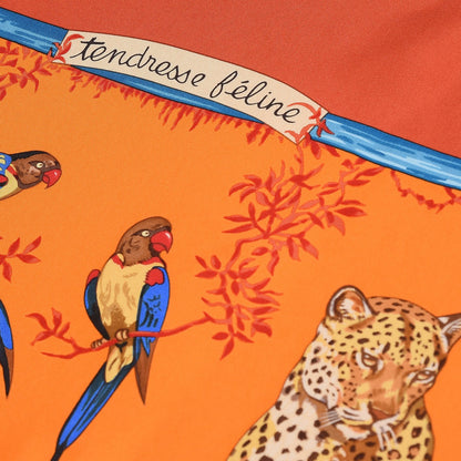 Hermes Silk Tendresse Feline Scarf 90 Brique Orange Bleu 5 of 8