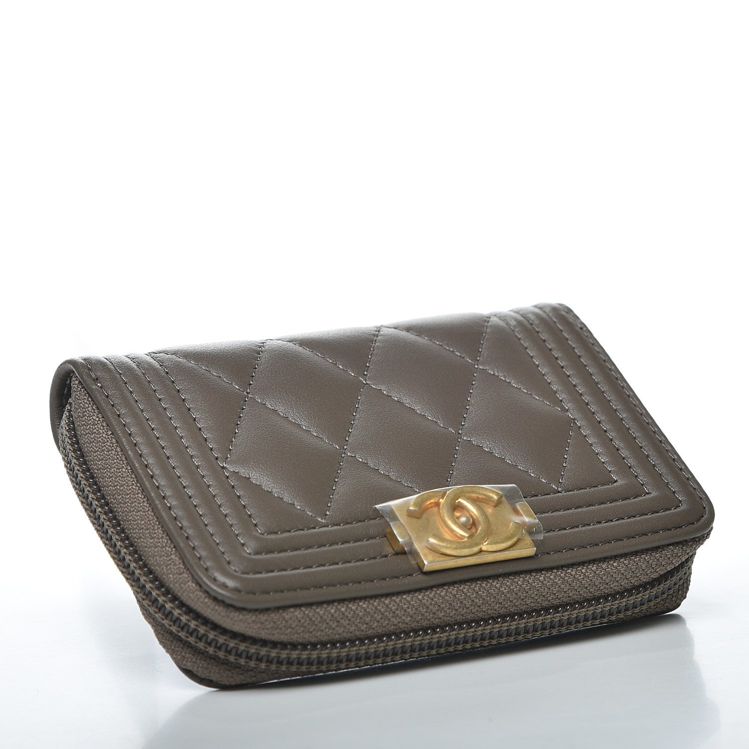 Chanel Lambskin Quilted Boy Zip Around Coin Purse Wallet Khaki 3 of 8