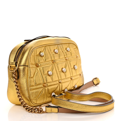 Gucci Metallic Calfskin Matelasse Studded Small Pearly GG Marmont Chain Shoulder Bag Gold 3 of 11