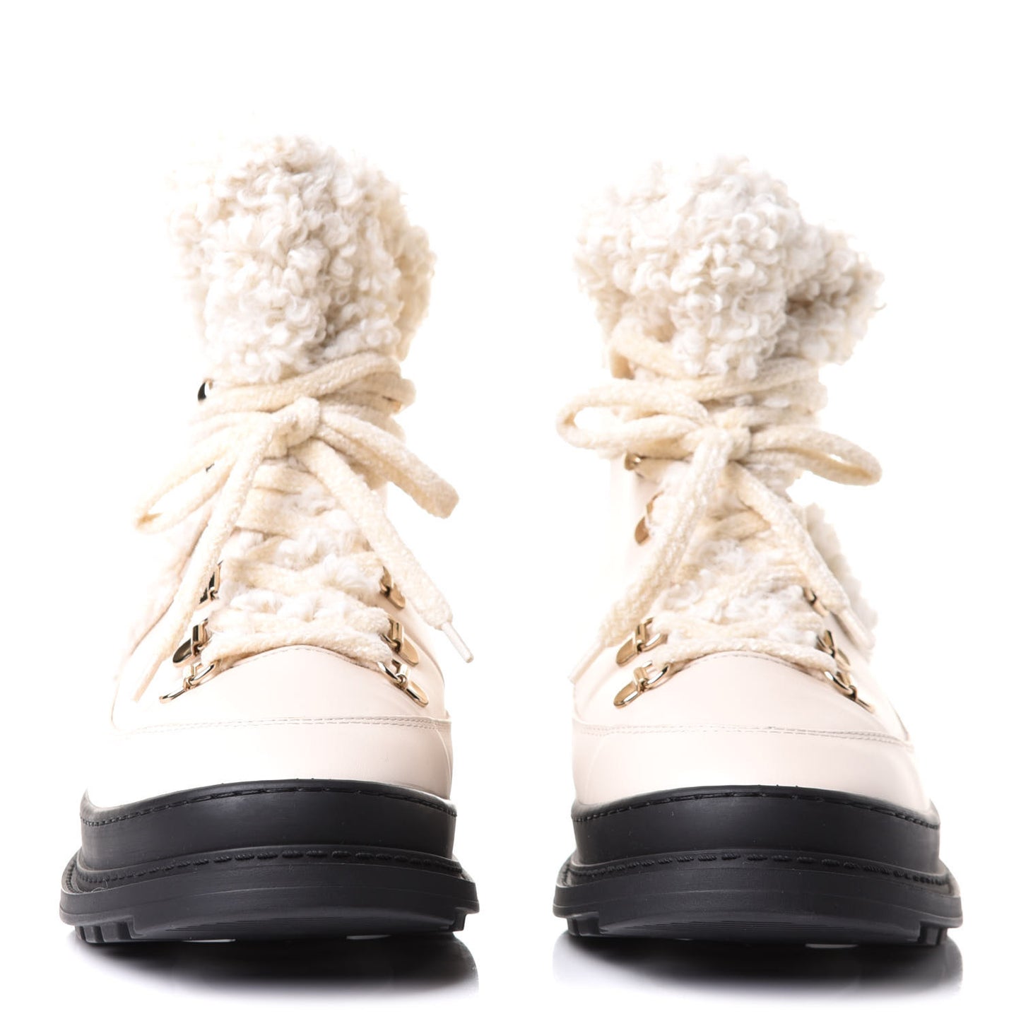 Calfskin Shearling CC Lace Up Boots 38.5 Light Beige Ivory