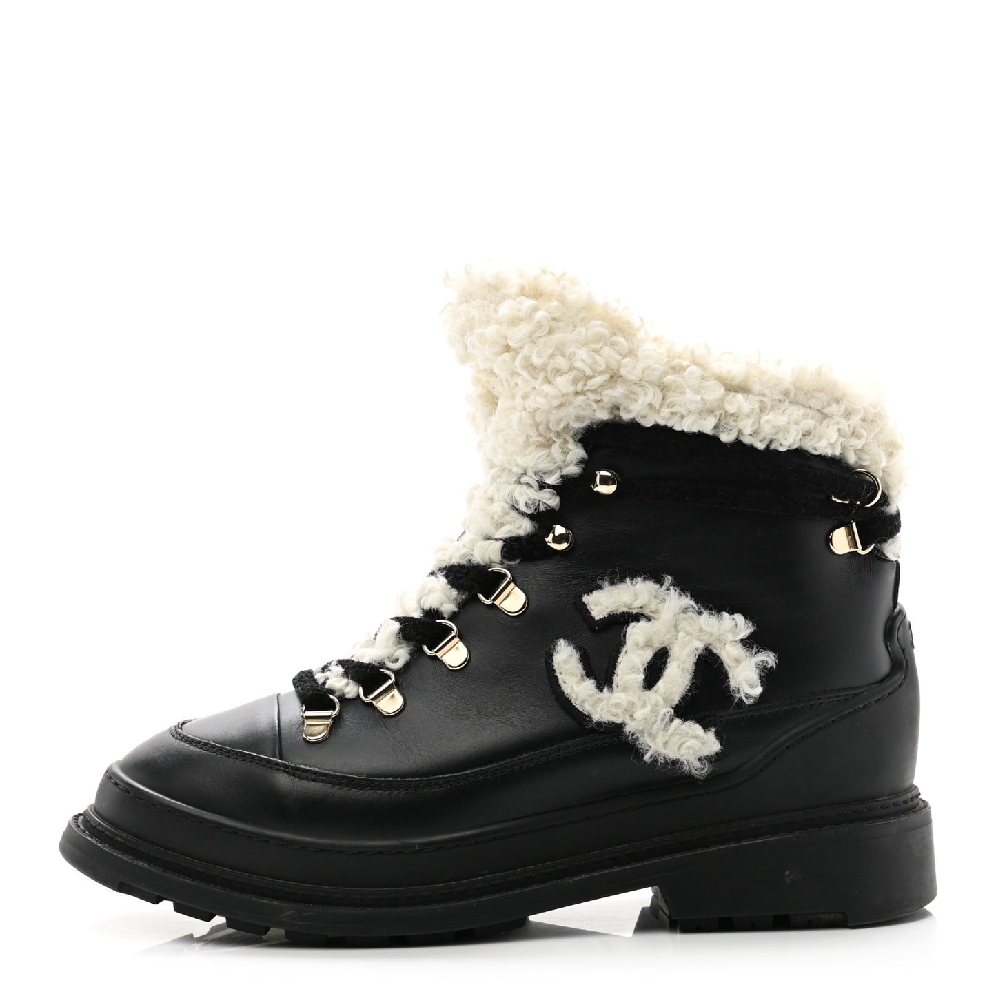 Calfskin Shearling CC Lace Up Boots 38 Black