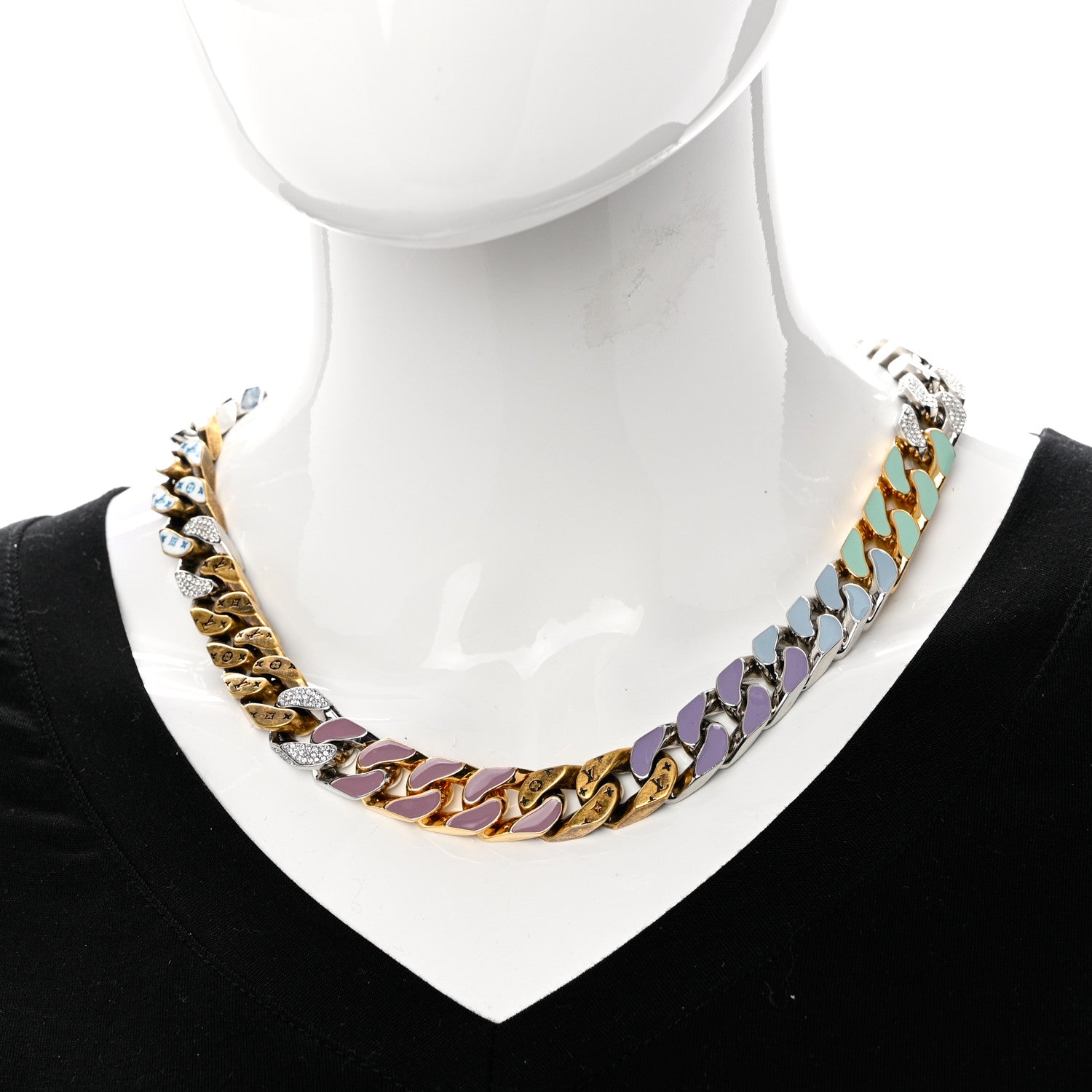 Louis Vuitton Metal Enamel Crystal Soapy Chain Necklace Silver Gold 2 of 7