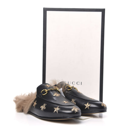 Gucci Goatskin Fur Bee Star Embroidered Womens Princetown Slippers 37 Black 8 of 8