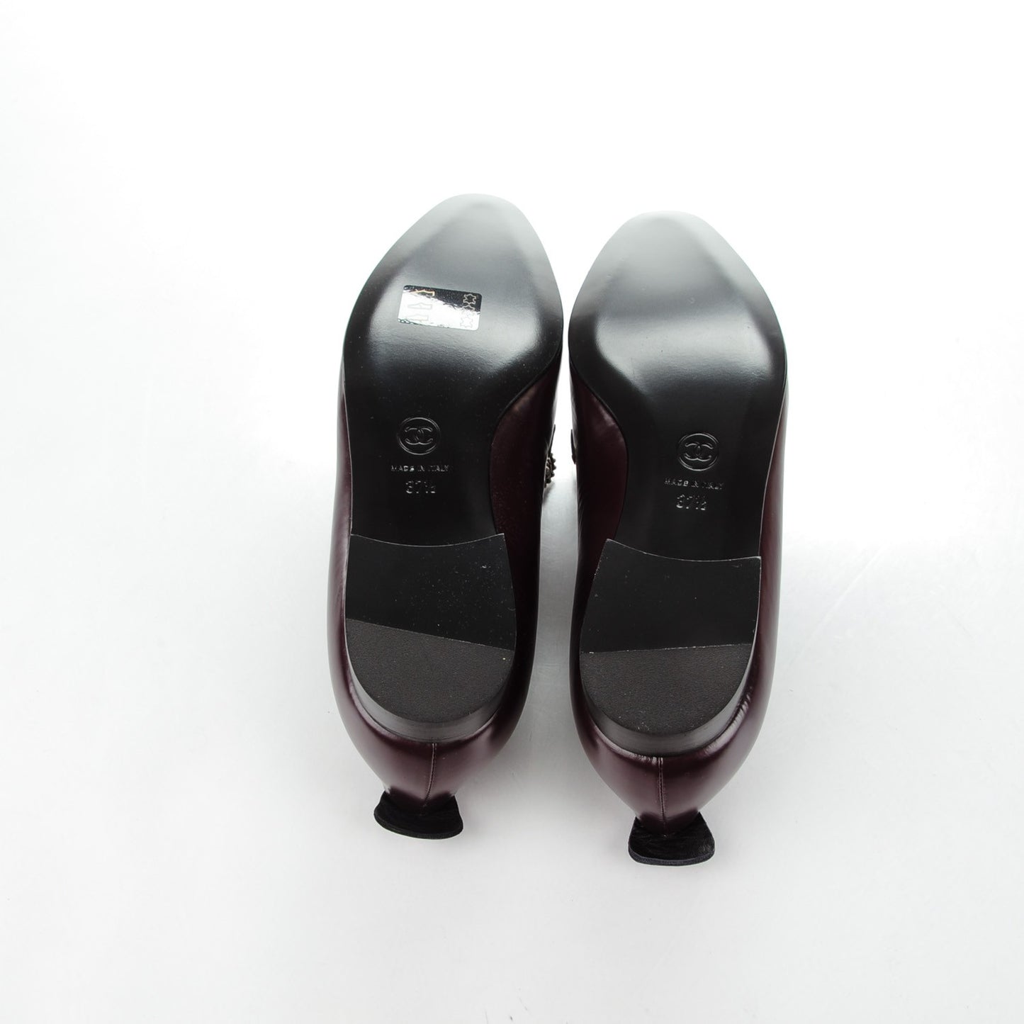 Crackled Goatskin Lambskin Cap Toe CC Charm Moccasin Loafers 37.5 Dark Burgundy Navy
